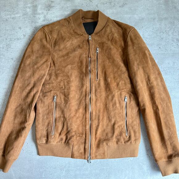 Allsaints kemble suede leather slim fit bomber jacket tan brown Mens size small - Picture 1 of 9